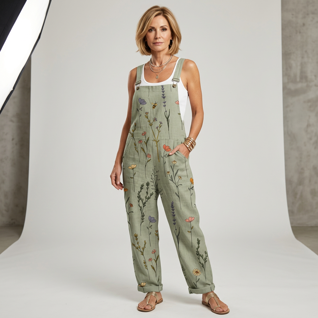 Celeste-Verna | Women's Botanical-Print Bib-Front Jumpsuit