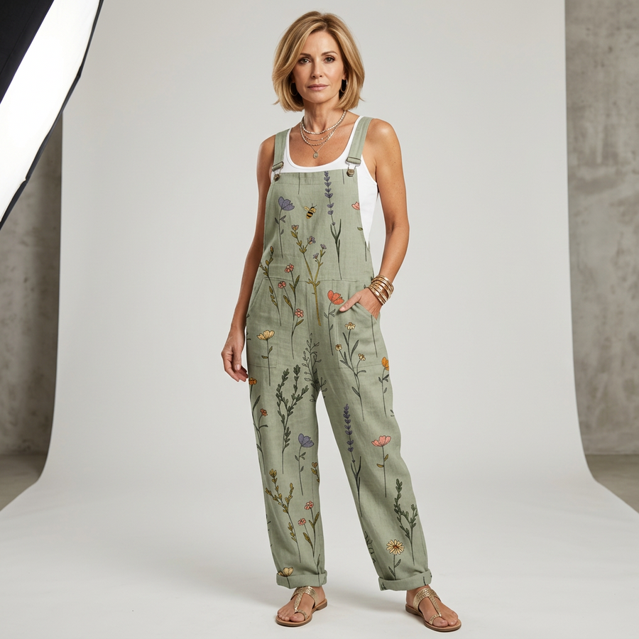 Celeste-Verna | Women's Botanical-Print Bib-Front Jumpsuit