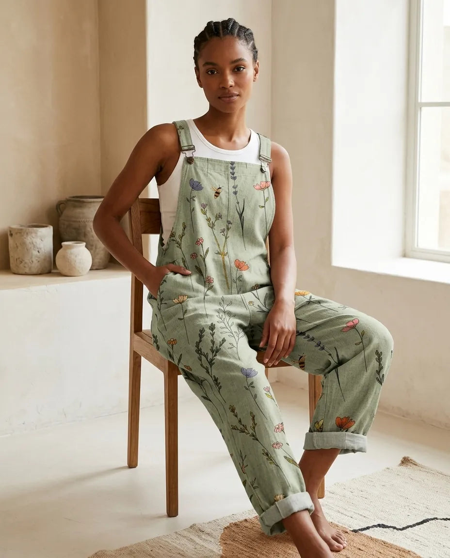 Celeste-Verna | Women's Botanical-Print Bib-Front Jumpsuit