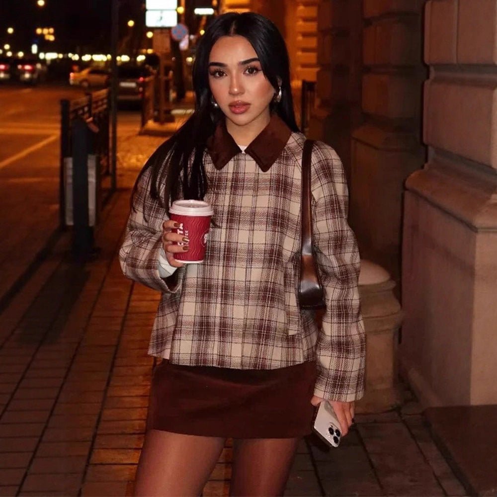 Olive-Penelope | Women's Boxy Checked Contrast-Collar Blouse
