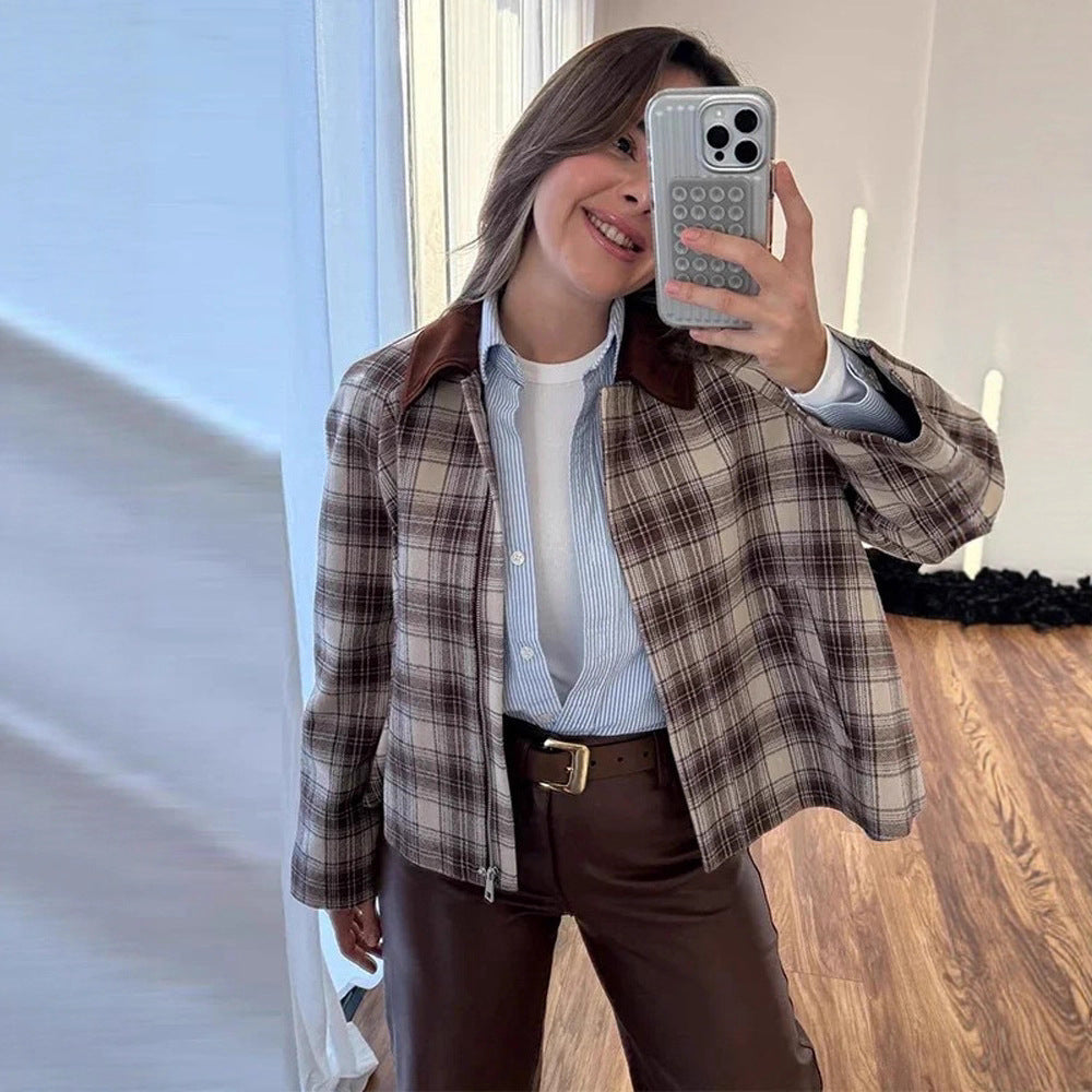 Olive-Penelope | Women's Boxy Checked Contrast-Collar Blouse