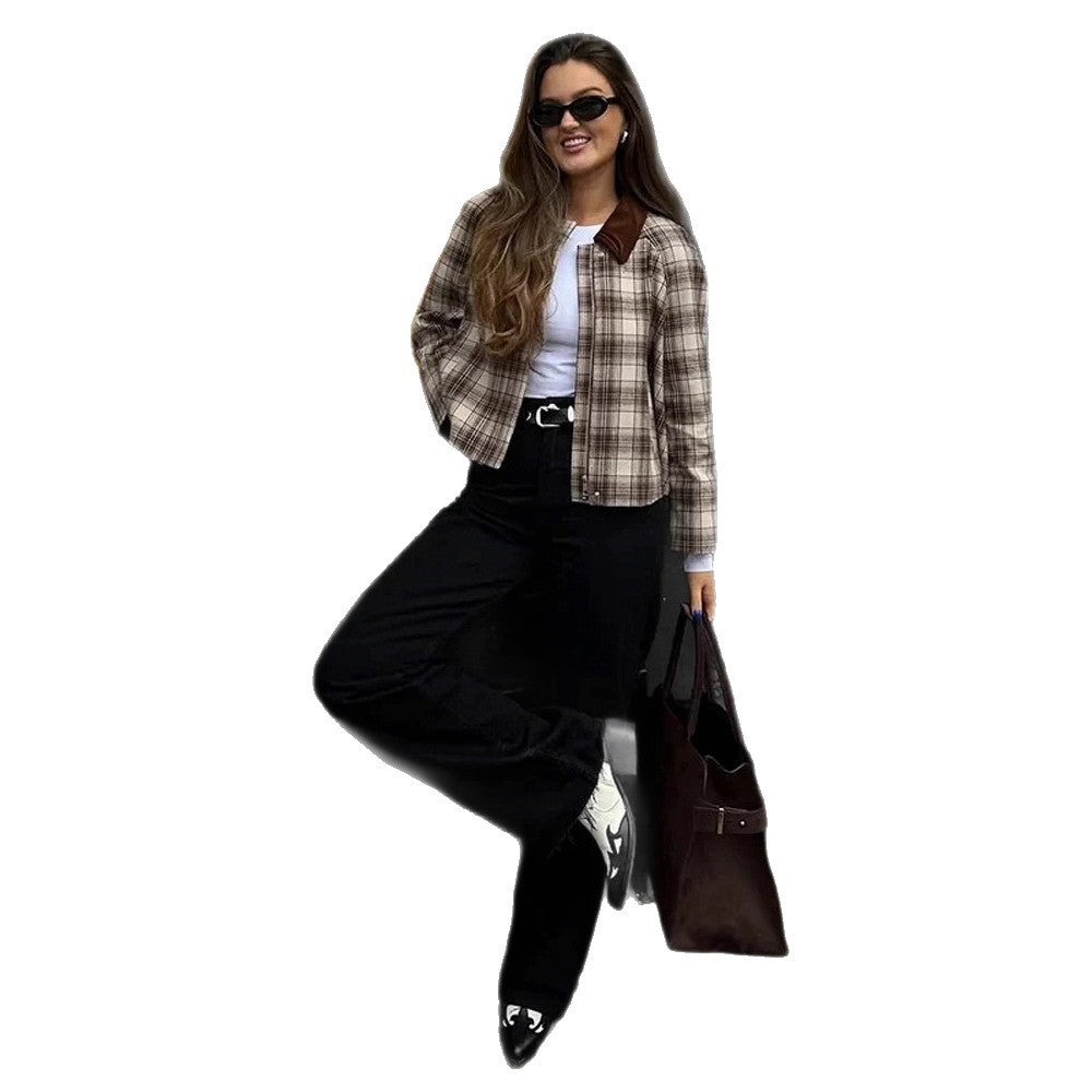 Olive-Penelope | Women's Boxy Checked Contrast-Collar Blouse