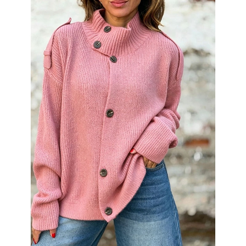 Petra-Daphne | Women's Button-Front Stand Collar Chunky Knit Cardigan