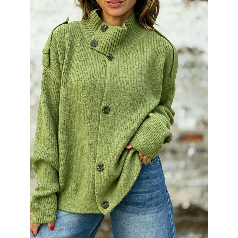 Petra-Daphne | Women's Button-Front Stand Collar Chunky Knit Cardigan