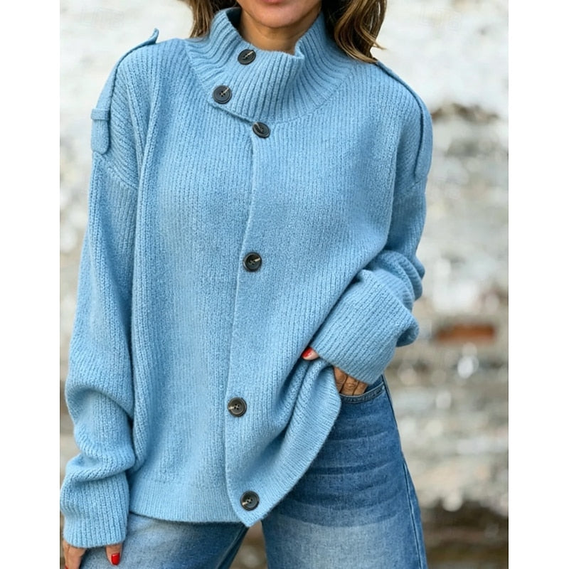 Petra-Daphne | Women's Button-Front Stand Collar Chunky Knit Cardigan