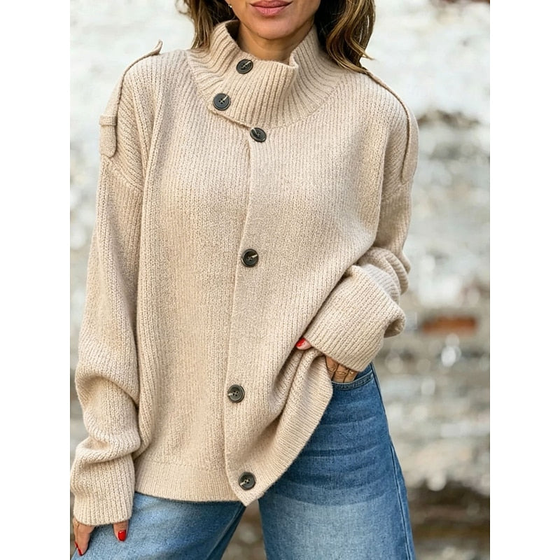 Petra-Daphne | Women's Button-Front Stand Collar Chunky Knit Cardigan