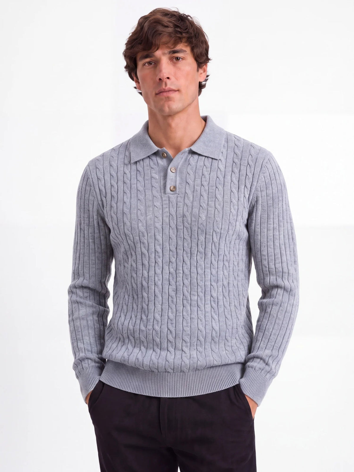 June-Eugenia | Women's Cable Knit Button-Front Polo Sweater