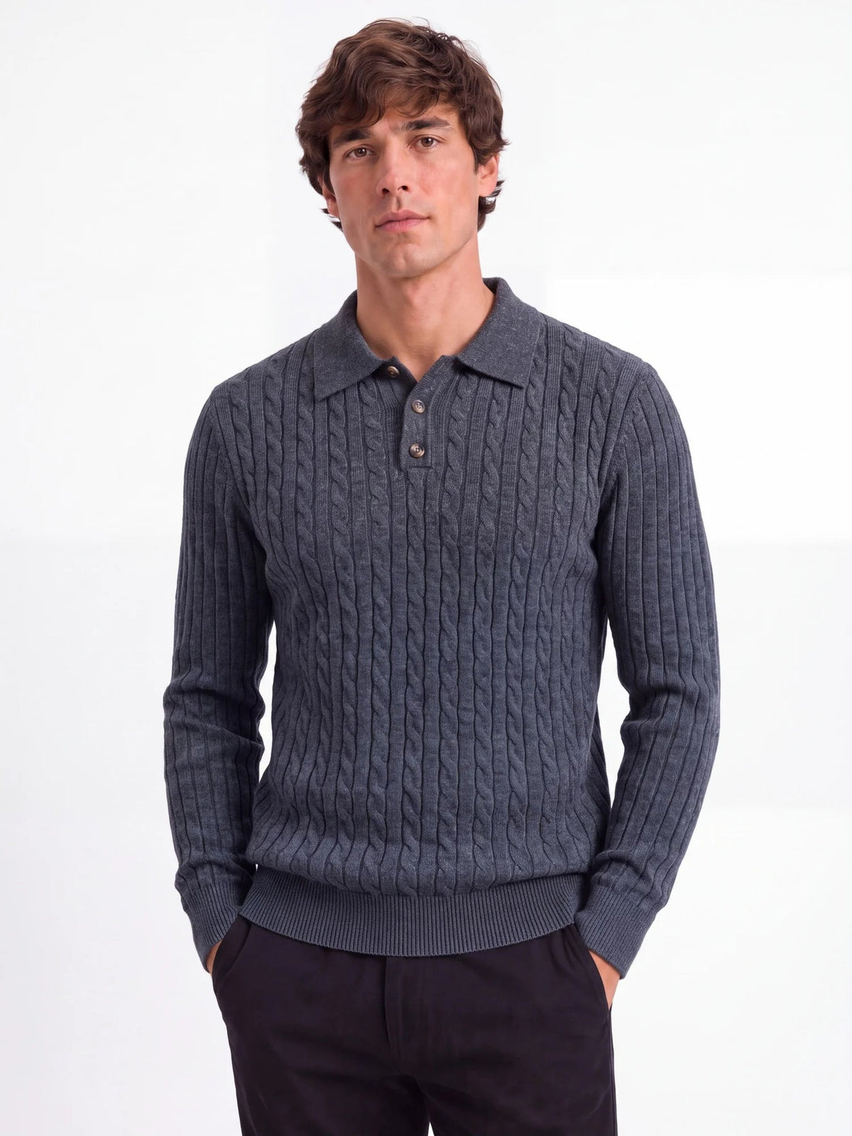 June-Eugenia | Women's Cable Knit Button-Front Polo Sweater
