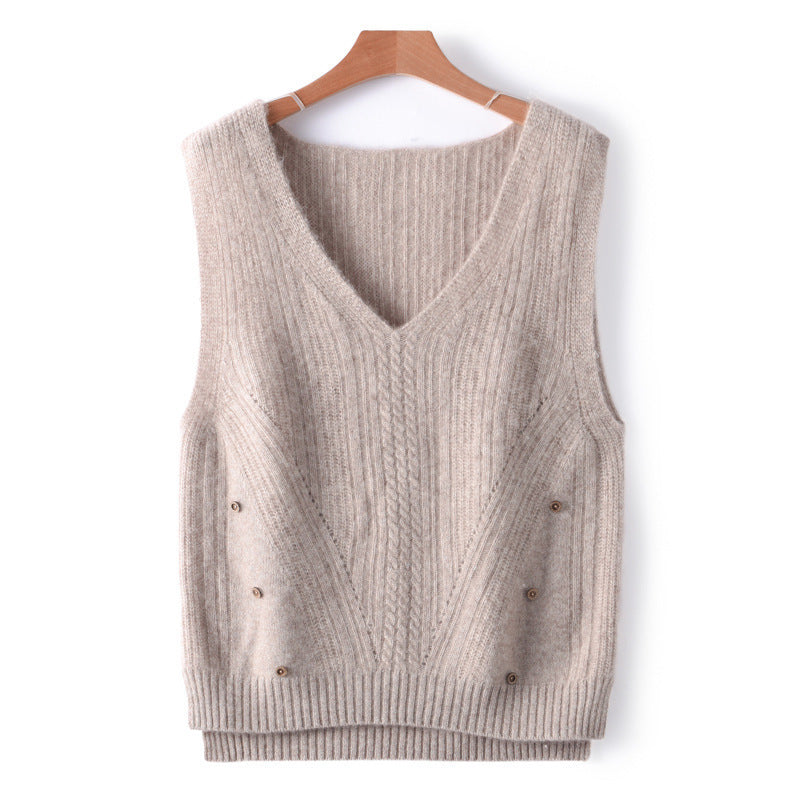 Violet-Nora | Women's Cable-Knit Long Vest with Side Button Placket
