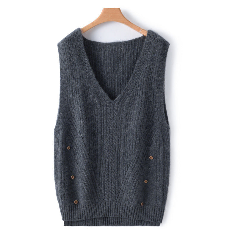 Violet-Nora | Women's Cable-Knit Long Vest with Side Button Placket