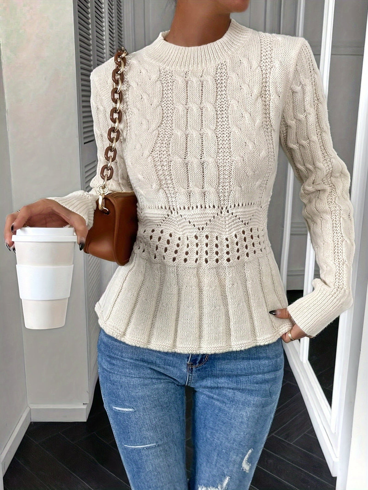 Alba-Cecile | Women's Cable-Knit Peplum Sweater