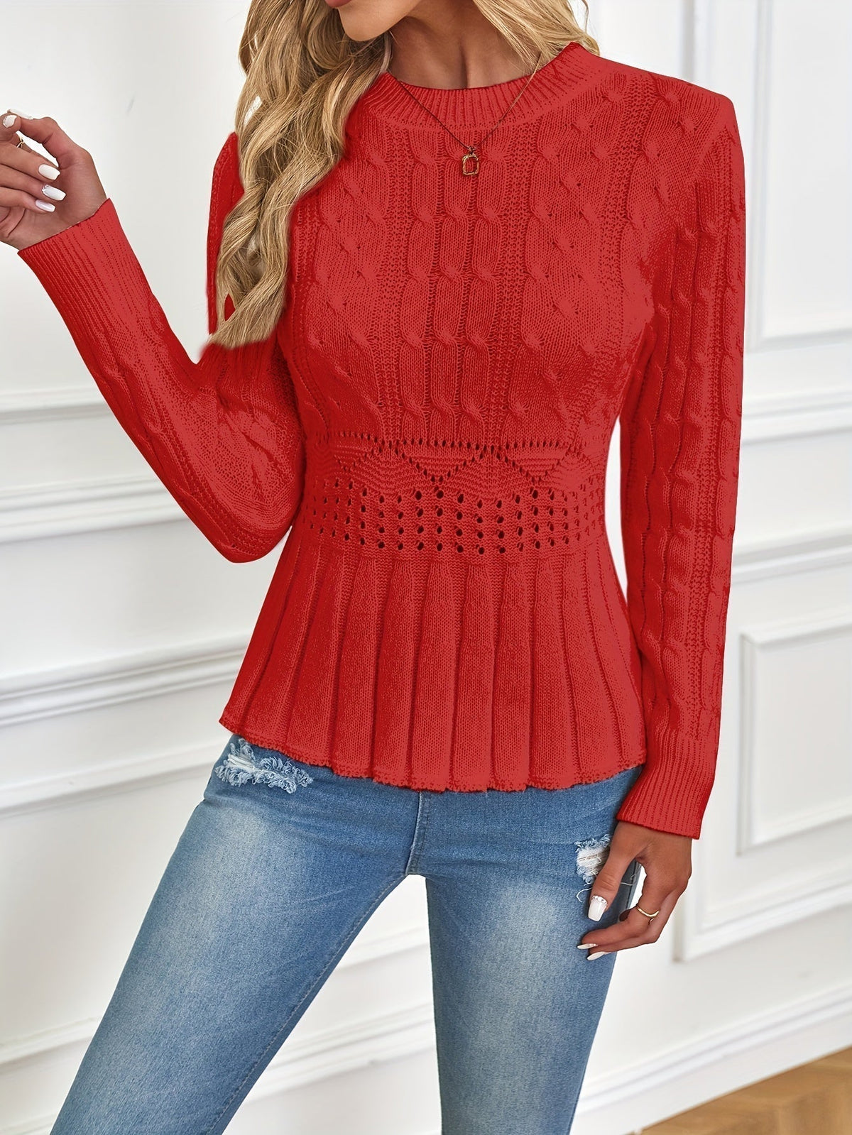 Alba-Cecile | Women's Cable-Knit Peplum Sweater