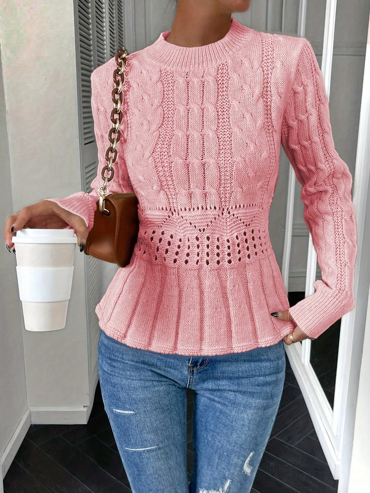 Alba-Cecile | Women's Cable-Knit Peplum Sweater