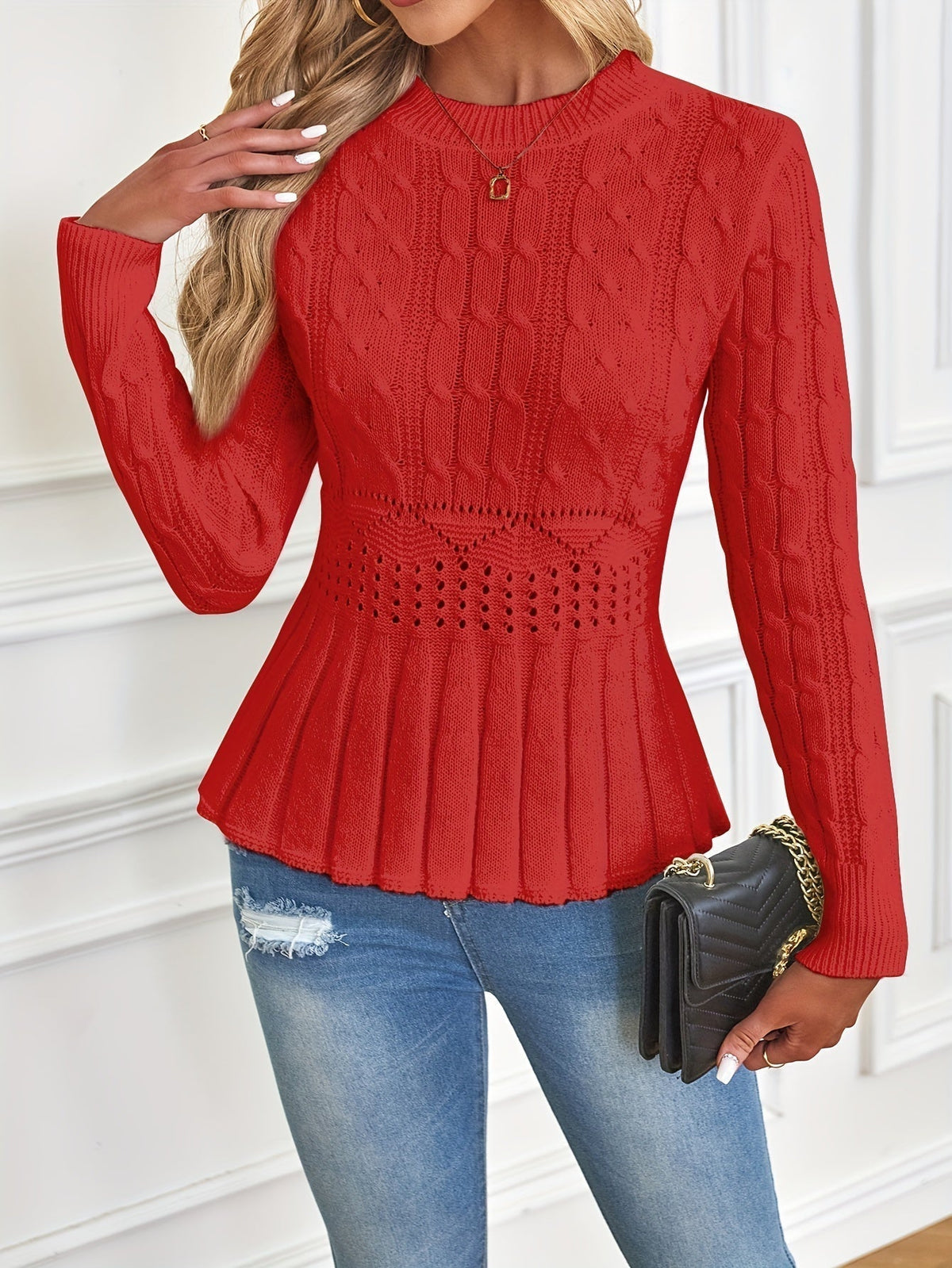 Alba-Cecile | Women's Cable-Knit Peplum Sweater