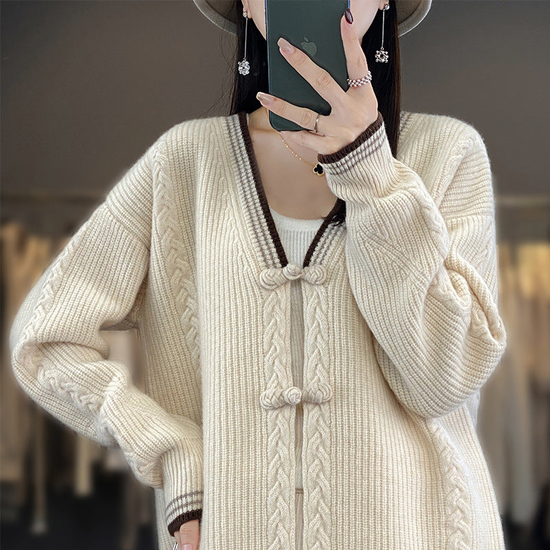 Blanche-Minerva | Women's Chunky Cable-Knit Cardigan with Knot Closures