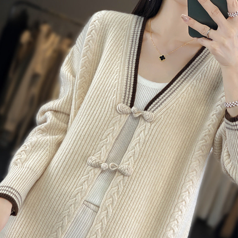 Blanche-Minerva | Women's Chunky Cable-Knit Cardigan with Knot Closures