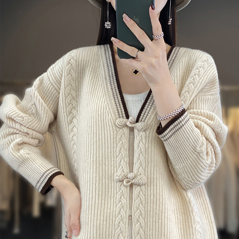 Blanche-Minerva | Women's Chunky Cable-Knit Cardigan with Knot Closures