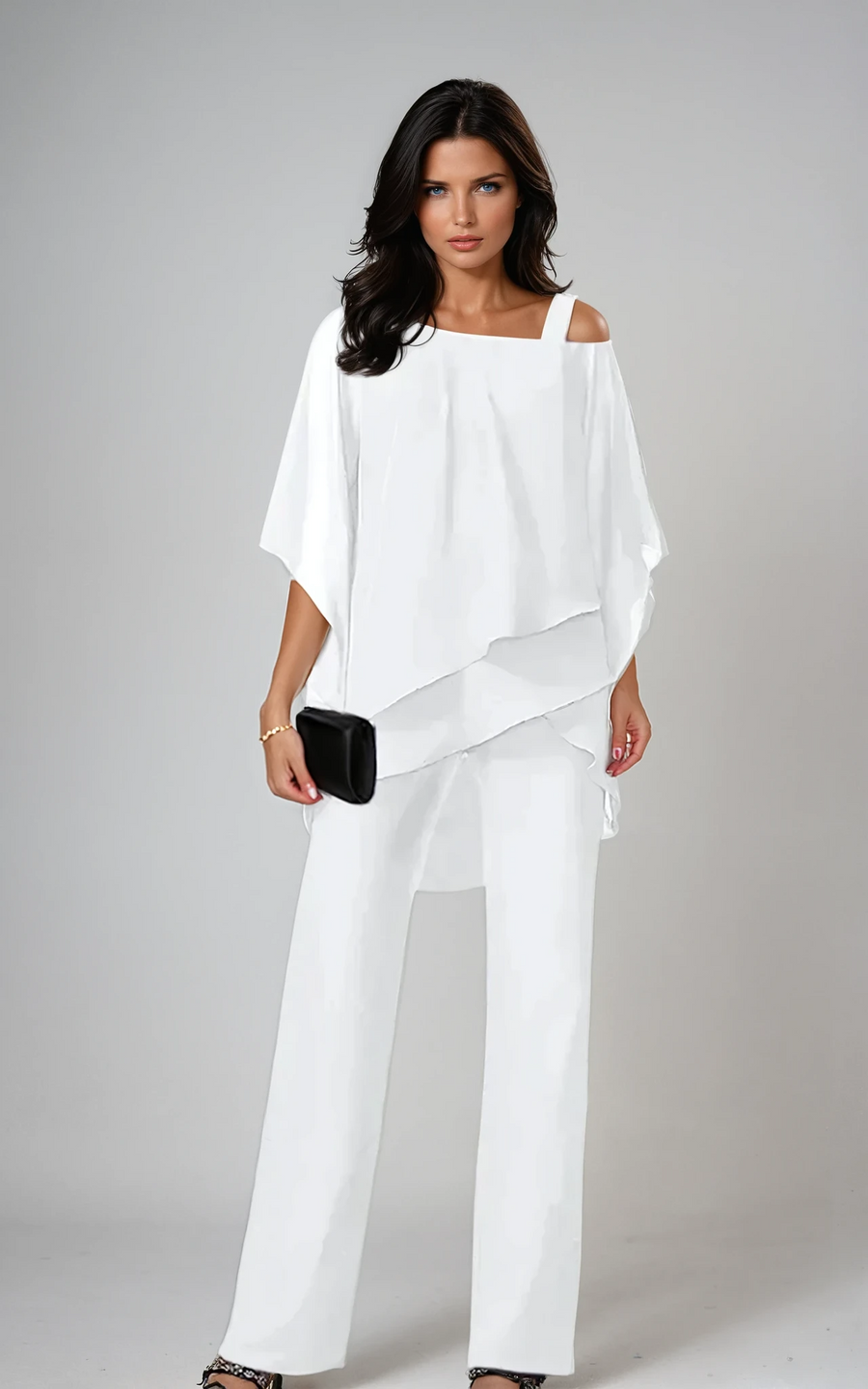 Ursula-Gloria | Women's Cold-Shoulder Layered Top and Wide-Leg Trouser Set