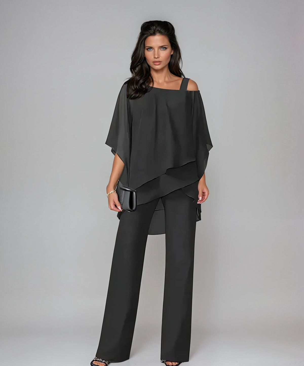 Ursula-Gloria | Women's Cold-Shoulder Layered Top and Wide-Leg Trouser Set