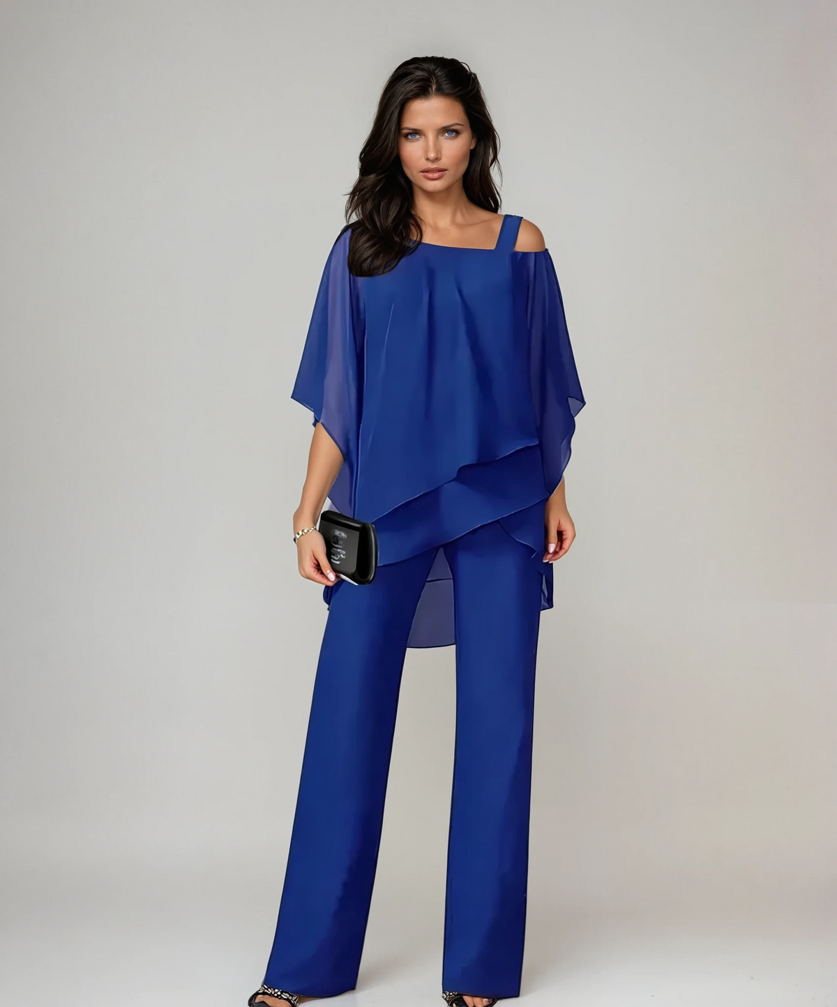 Ursula-Gloria | Women's Cold-Shoulder Layered Top and Wide-Leg Trouser Set