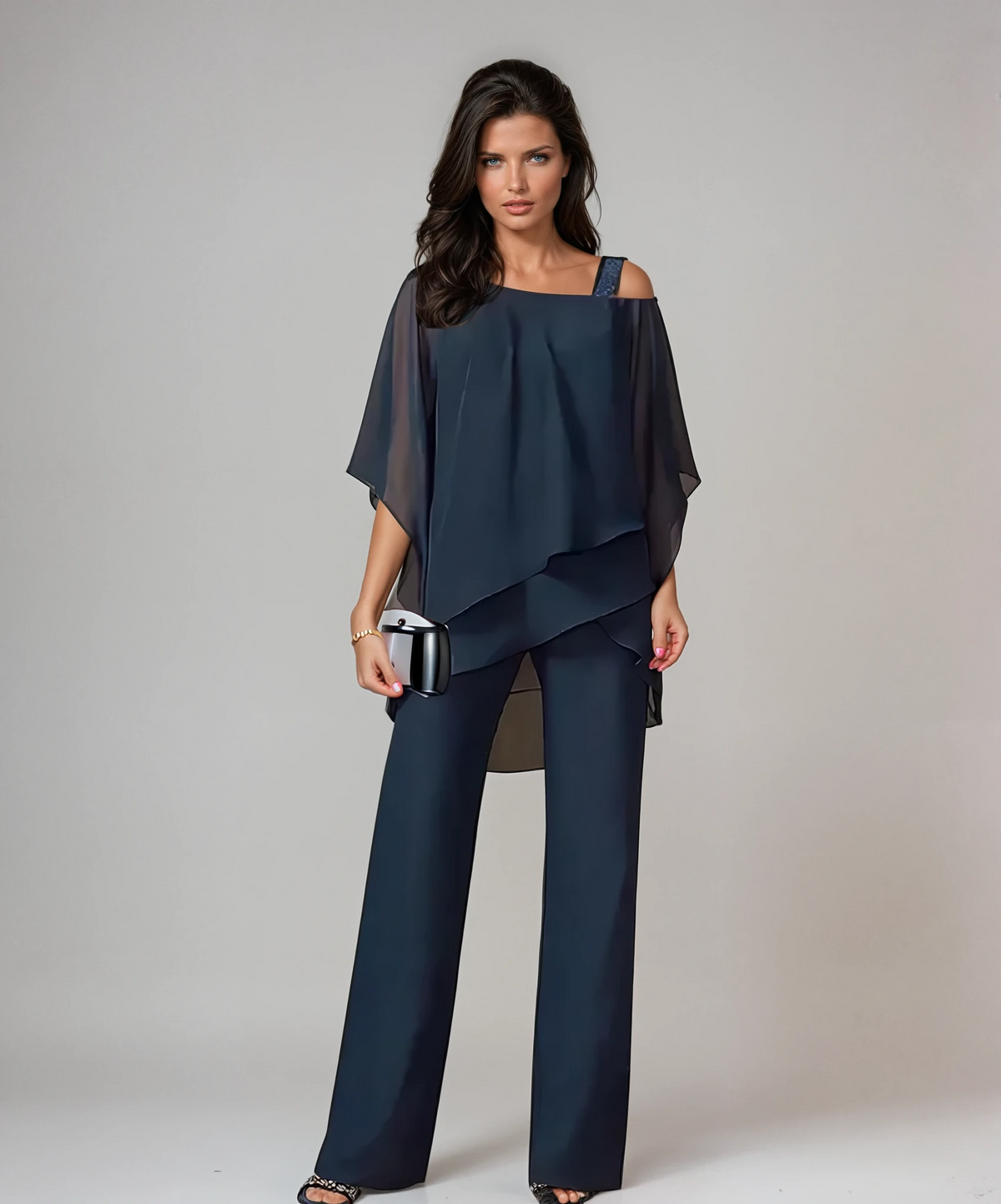 Ursula-Gloria | Women's Cold-Shoulder Layered Top and Wide-Leg Trouser Set