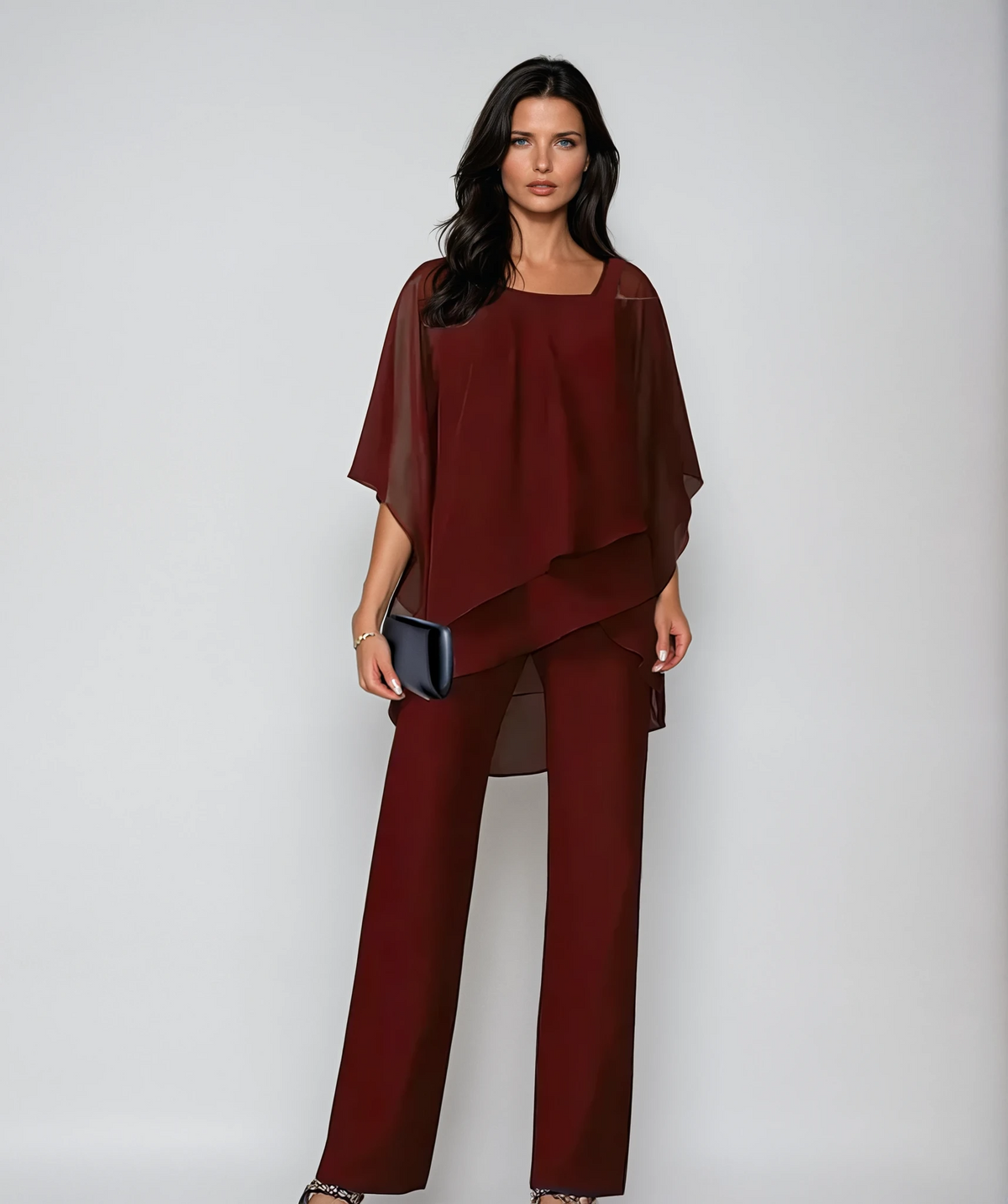 Ursula-Gloria | Women's Cold-Shoulder Layered Top and Wide-Leg Trouser Set