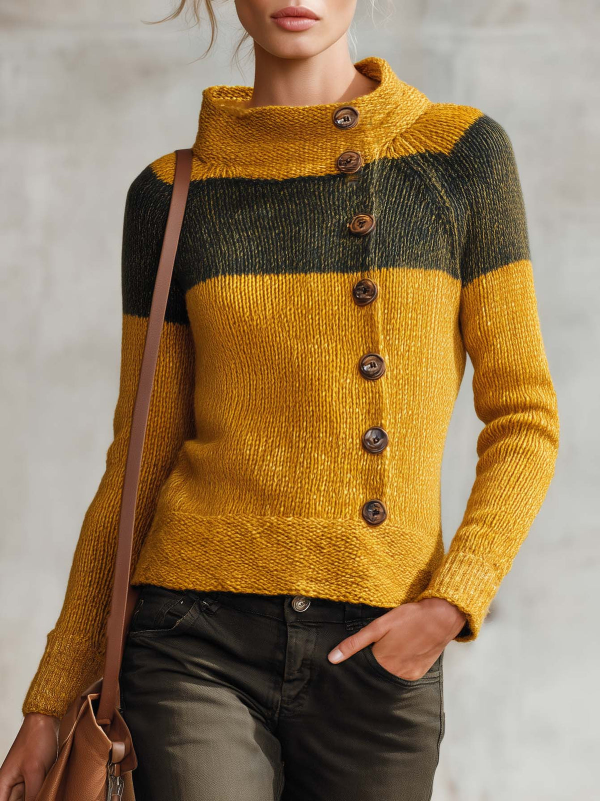 Patricia-Virginia | Women's Color-Block Mock Neck Button-Front Knit Sweater