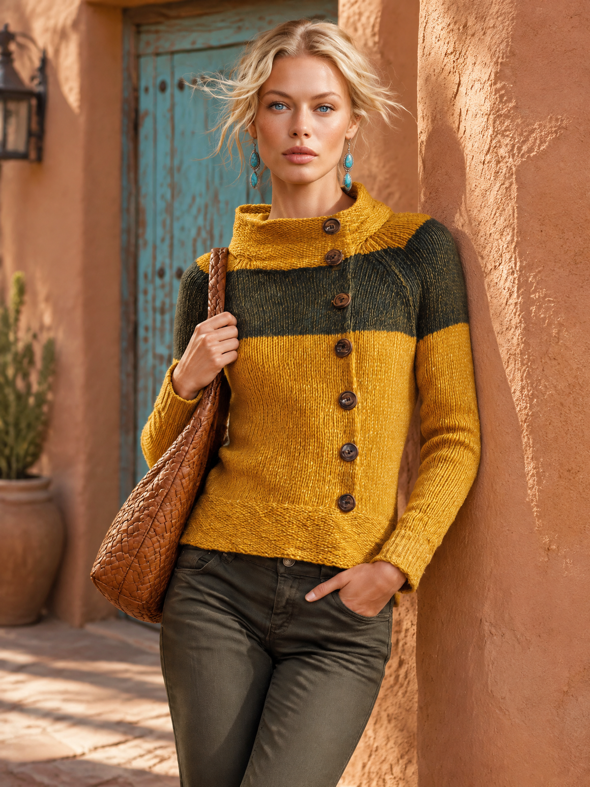 Patricia-Virginia | Women's Color-Block Mock Neck Button-Front Knit Sweater