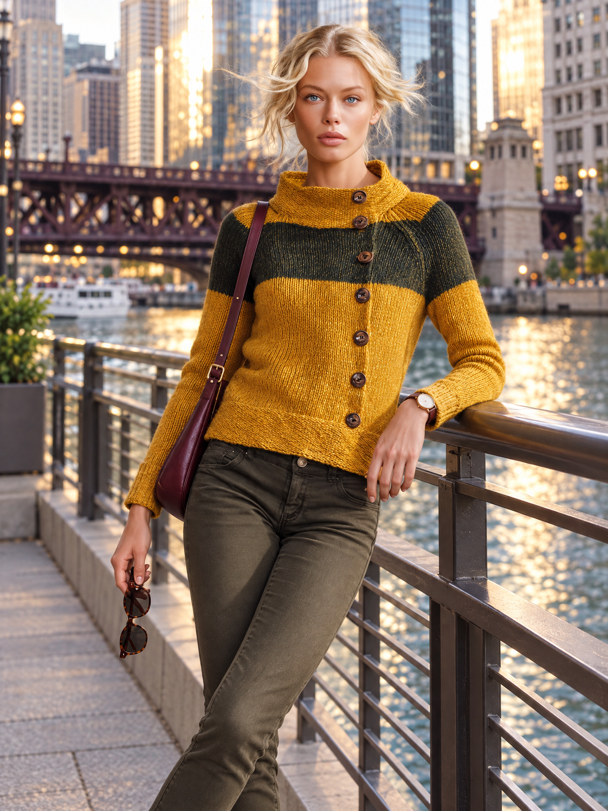 Patricia-Virginia | Women's Color-Block Mock Neck Button-Front Knit Sweater