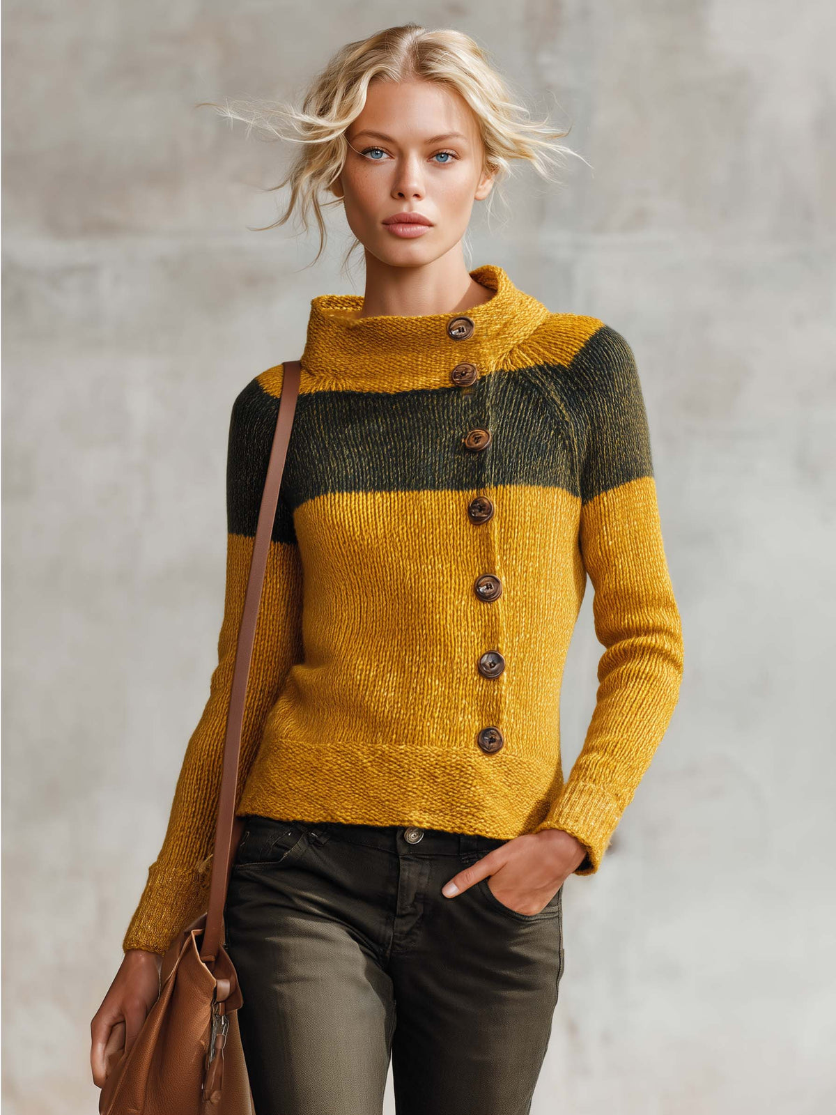 Patricia-Virginia | Women's Color-Block Mock Neck Button-Front Knit Sweater