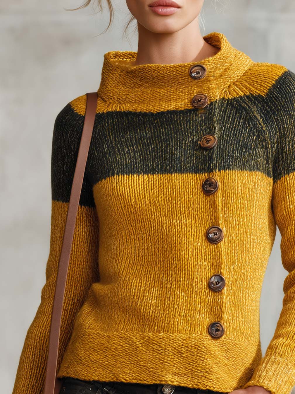 Patricia-Virginia | Women's Color-Block Mock Neck Button-Front Knit Sweater