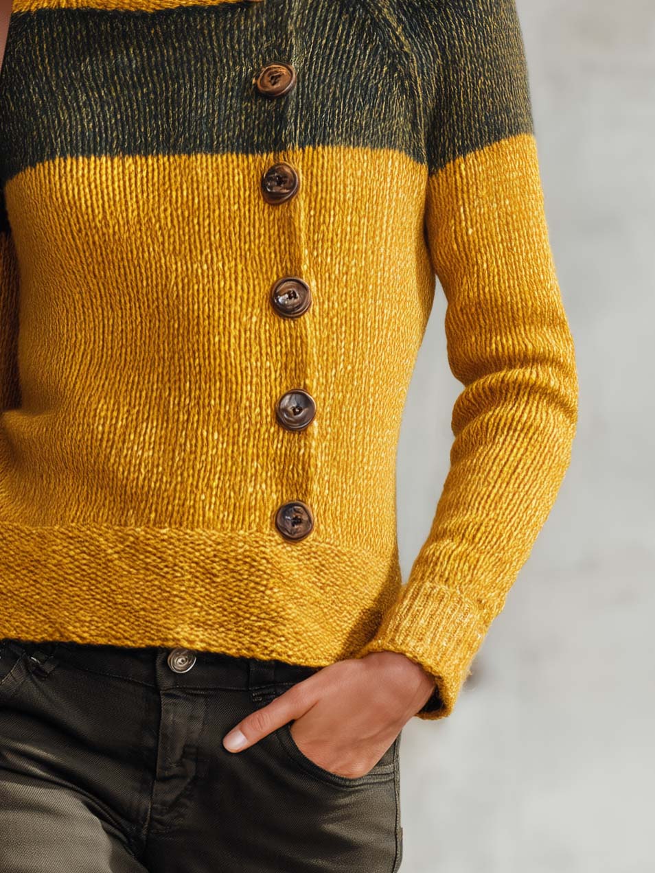 Patricia-Virginia | Women's Color-Block Mock Neck Button-Front Knit Sweater