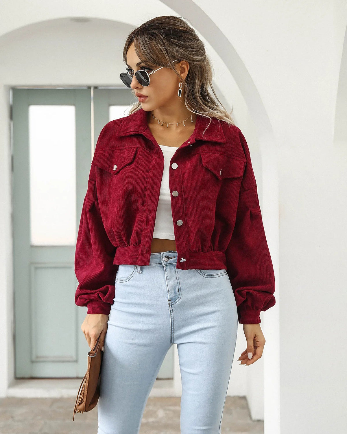 Celeste | Women's Corduroy Lantern-Sleeve Crop Jacket