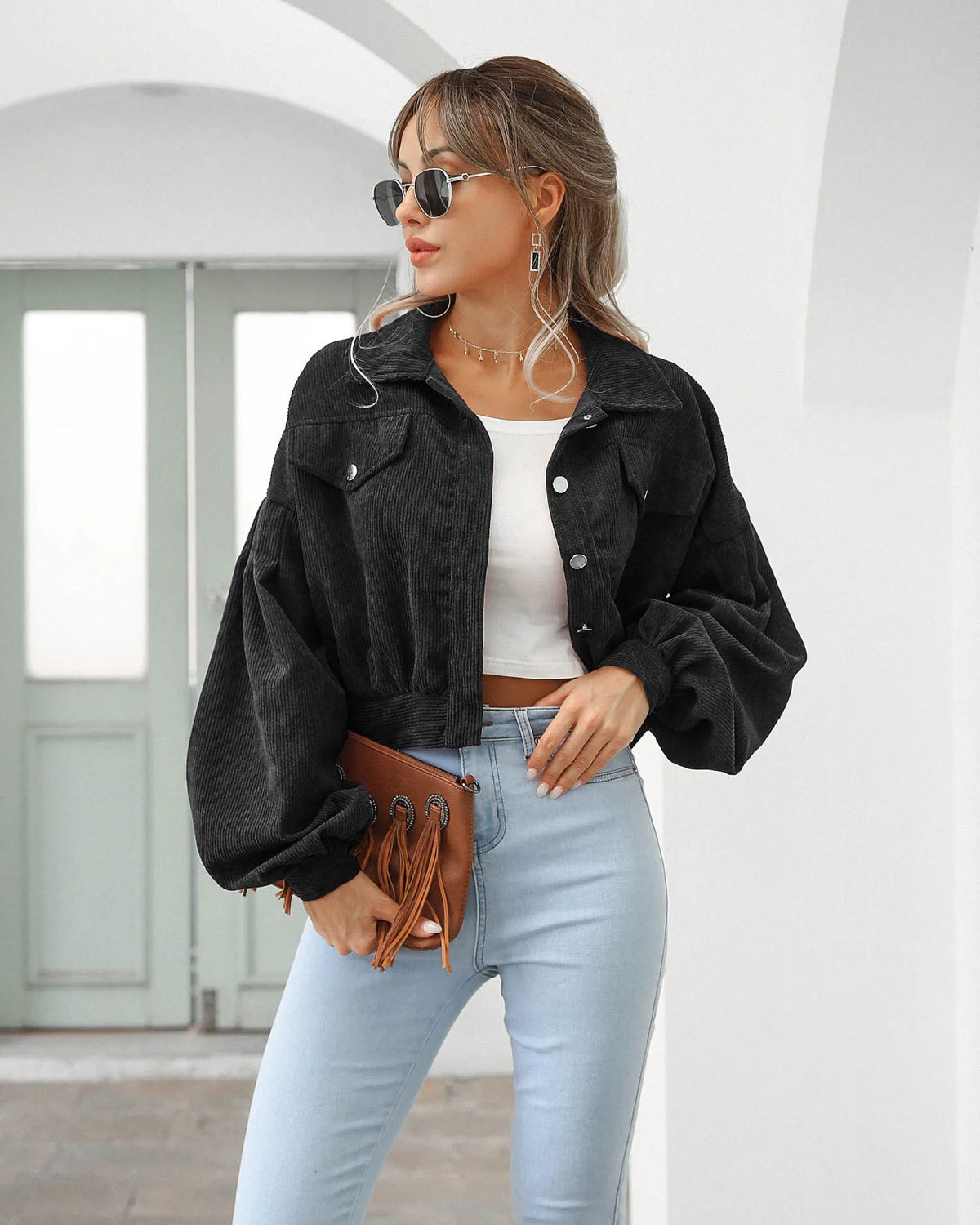Celeste | Women's Corduroy Lantern-Sleeve Crop Jacket