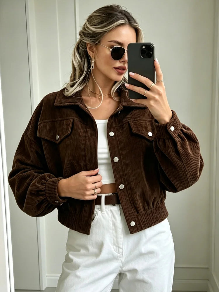 Celeste | Women's Corduroy Lantern-Sleeve Crop Jacket