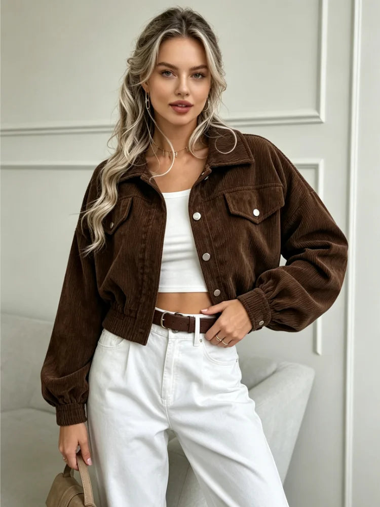 Celeste | Women's Corduroy Lantern-Sleeve Crop Jacket