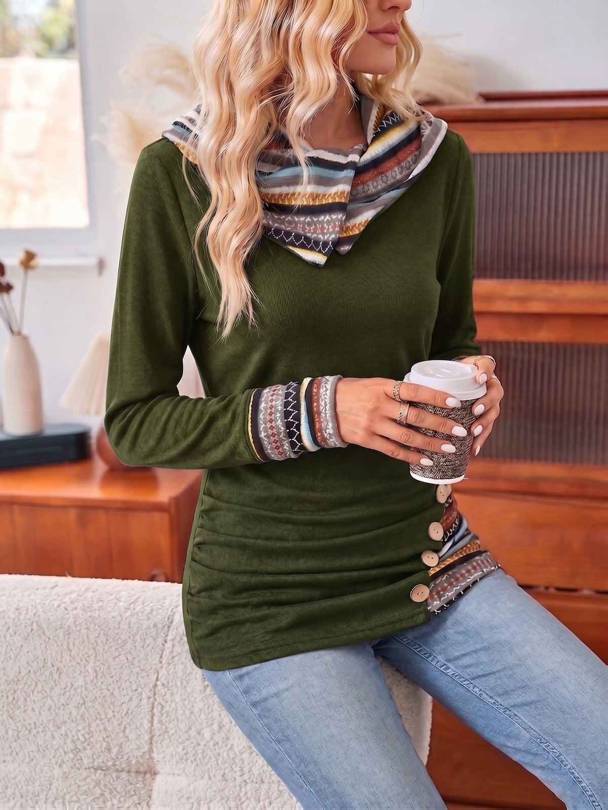 Madeline-Sybil | Women's Cowl Neck Patterned Long-Sleeve Top