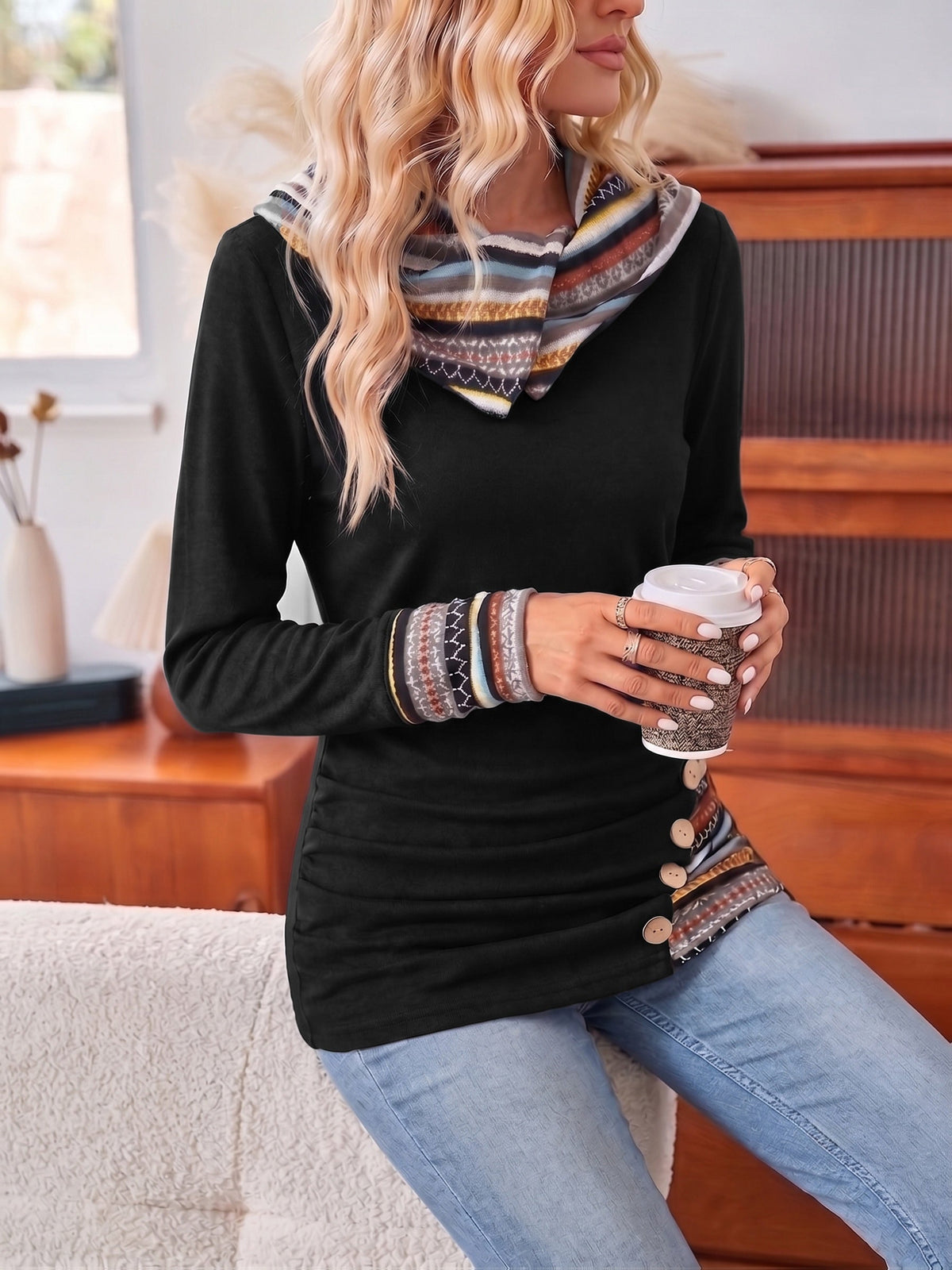 Madeline-Sybil | Women's Cowl Neck Patterned Long-Sleeve Top