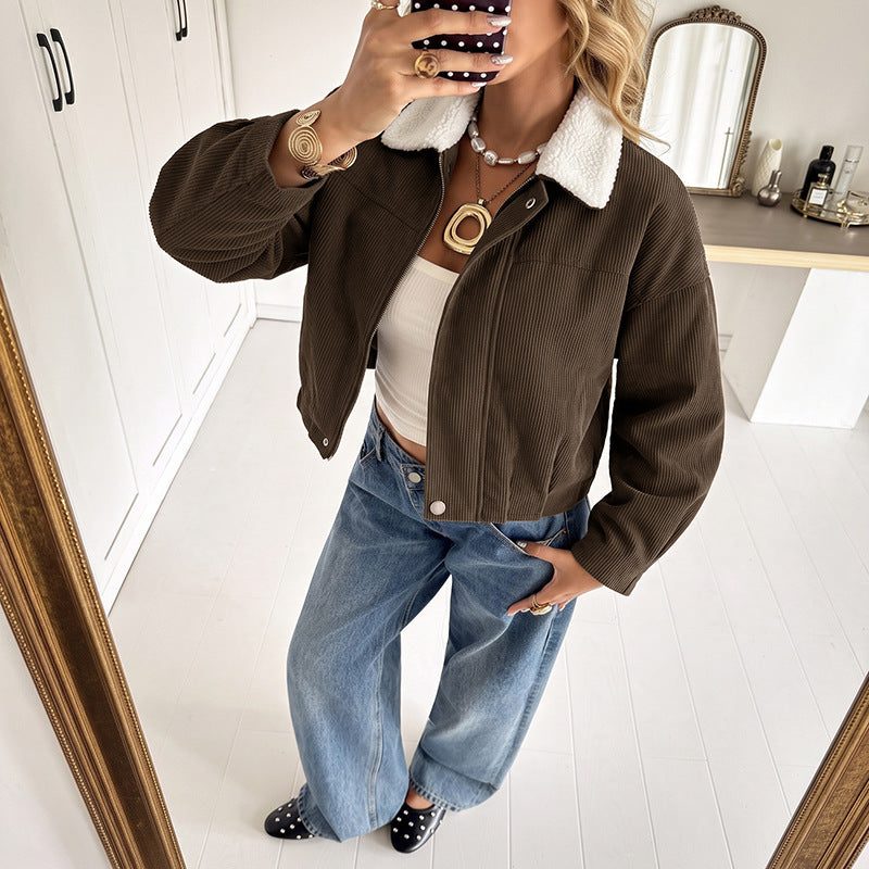 Ophelia-Silvia | Women's Cropped Corduroy Jacket with Fleece Collar