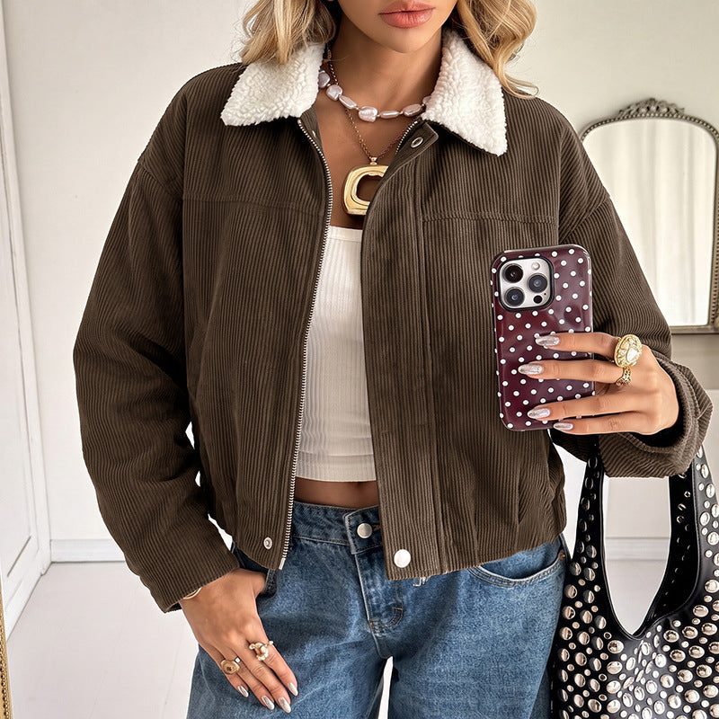 Ophelia-Silvia | Women's Cropped Corduroy Jacket with Fleece Collar