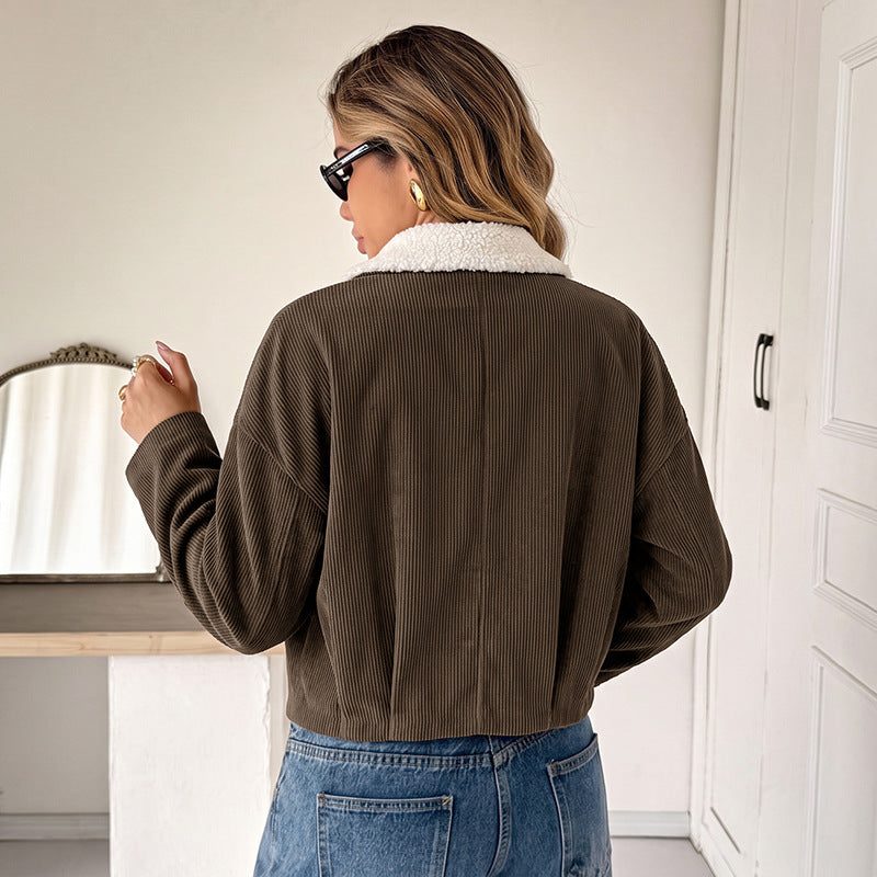 Ophelia-Silvia | Women's Cropped Corduroy Jacket with Fleece Collar