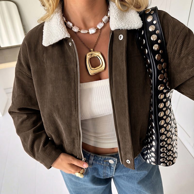 Ophelia-Silvia | Women's Cropped Corduroy Jacket with Fleece Collar