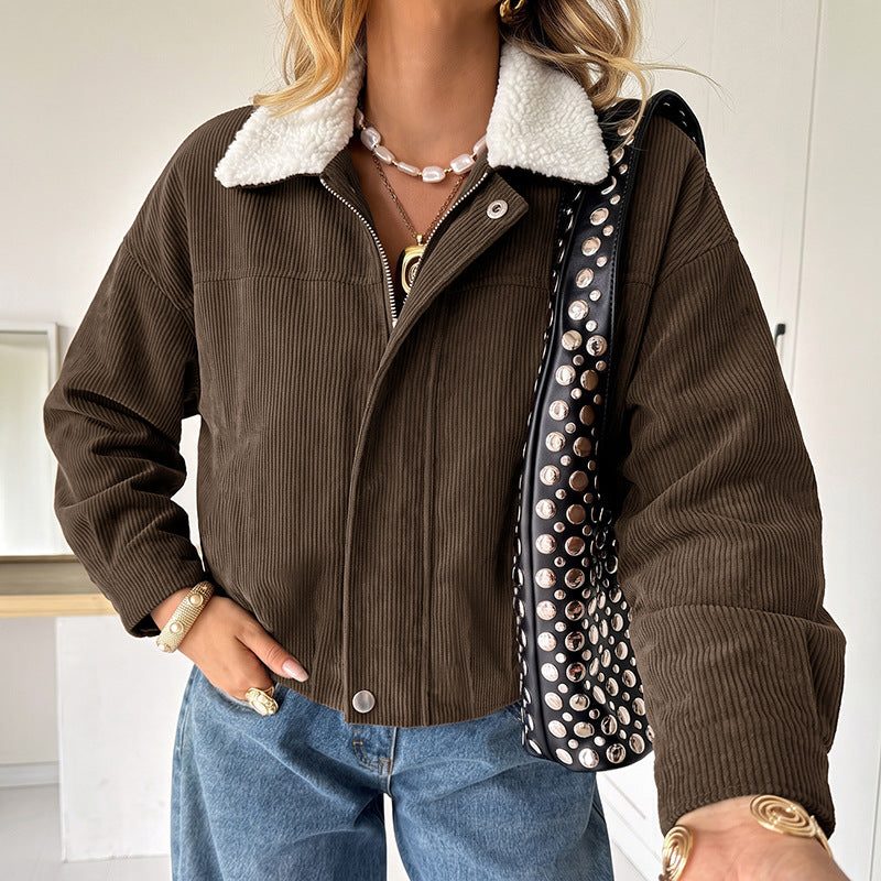 Ophelia-Silvia | Women's Cropped Corduroy Jacket with Fleece Collar