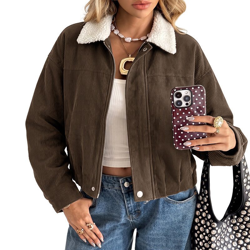 Ophelia-Silvia | Women's Cropped Corduroy Jacket with Fleece Collar