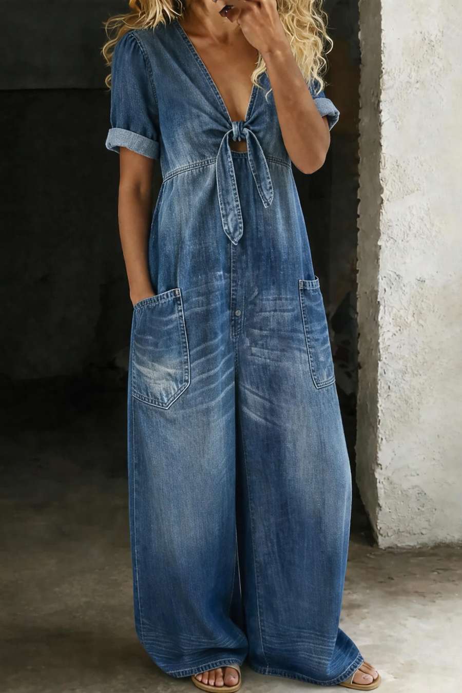 Roberta-Matilda | Women's Denim Wide-Leg Tie-Front Jumpsuit