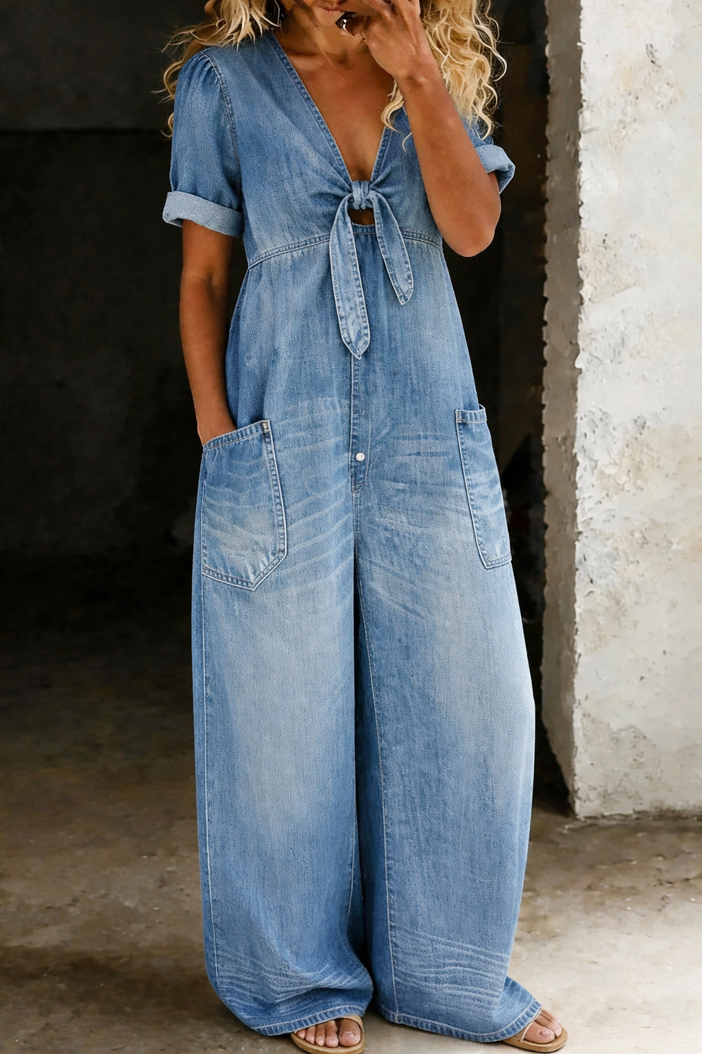 Roberta-Matilda | Women's Denim Wide-Leg Tie-Front Jumpsuit