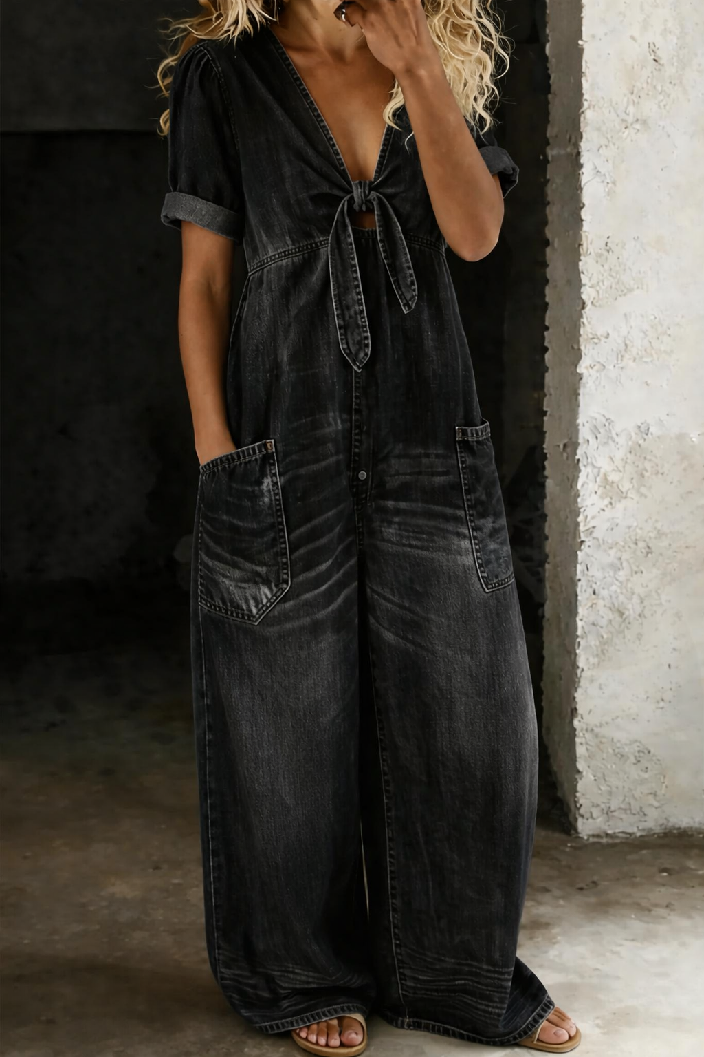 Roberta-Matilda | Women's Denim Wide-Leg Tie-Front Jumpsuit
