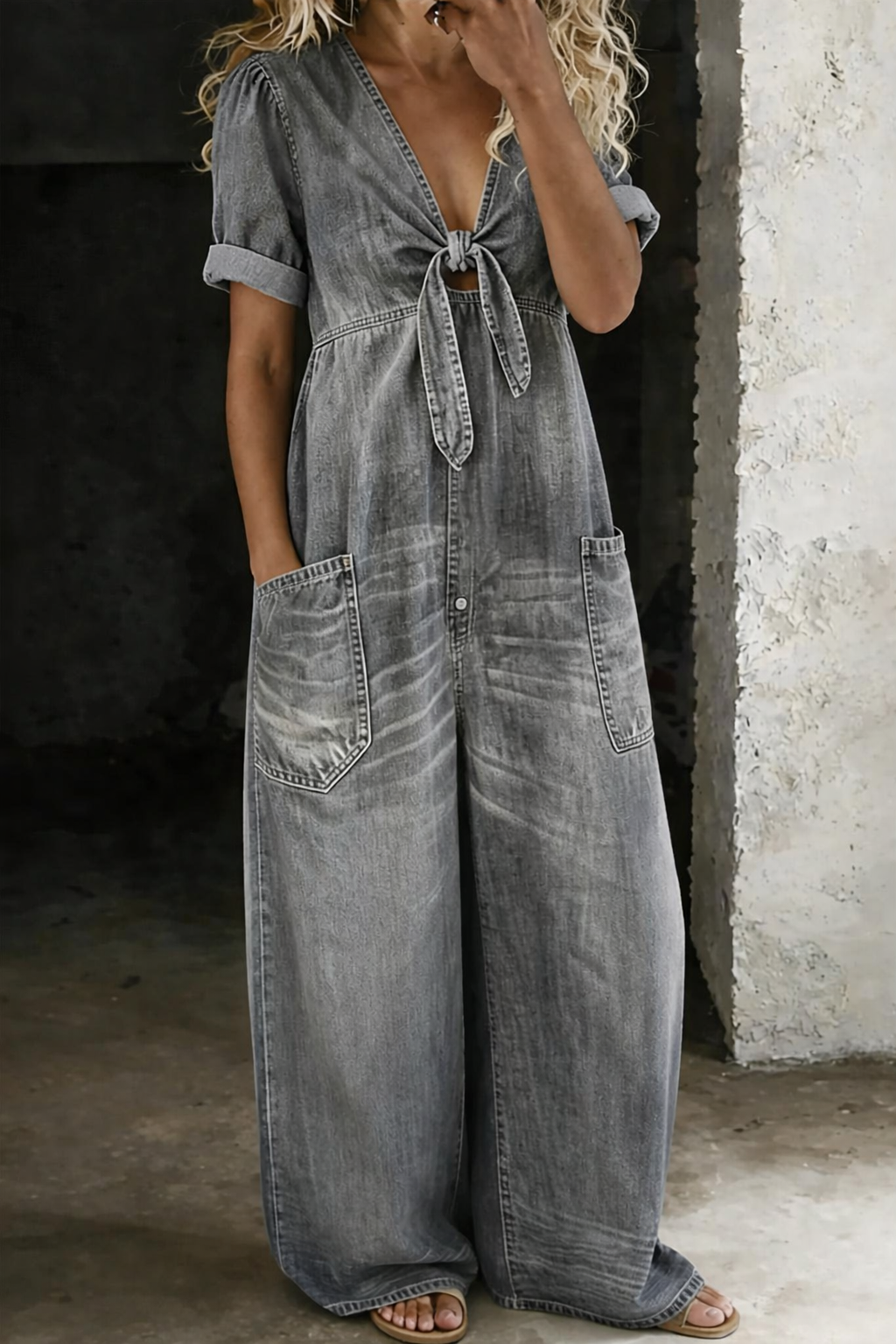 Roberta-Matilda | Women's Denim Wide-Leg Tie-Front Jumpsuit