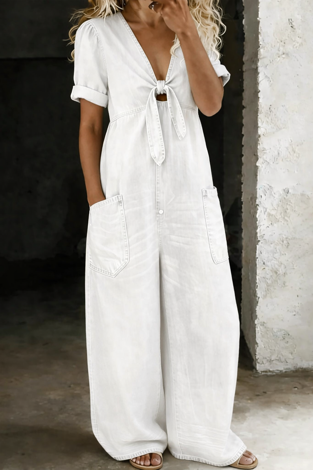 Roberta-Matilda | Women's Denim Wide-Leg Tie-Front Jumpsuit