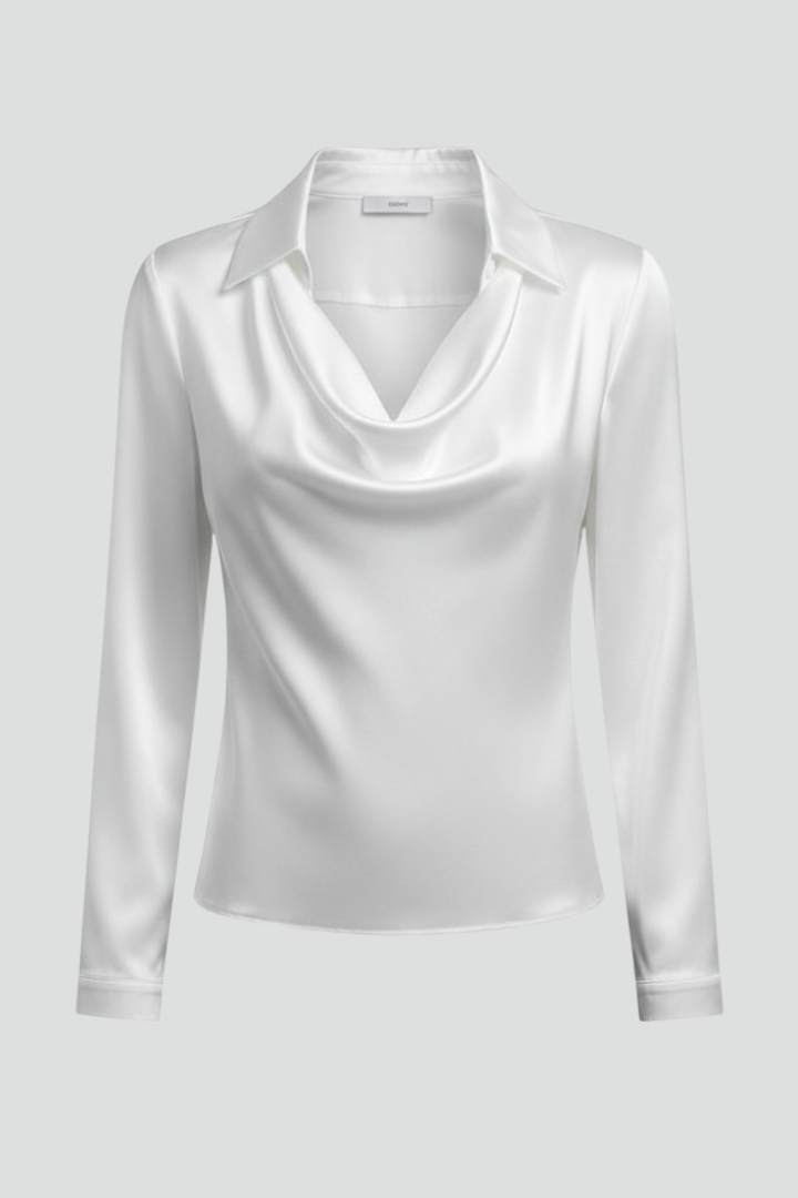 Eugenia-Ramona | Women's Draped-Collar Satin Blouse with Long Sleeves